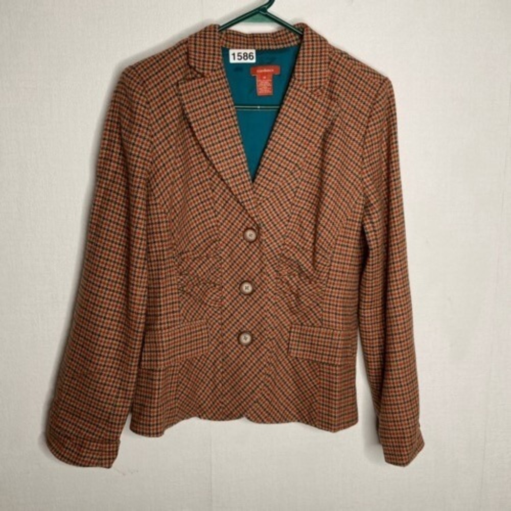 Sundance Brown Houndstooth Pleated Peak Lapel Blazer Women 10 China Wool Blend